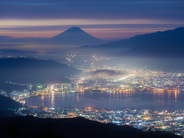 city, fuji, japan, lake, lights, mountain, Suwa, Takabocch, Tatsuki Ito, гора, город, огни, озеро, фудзияма, япония