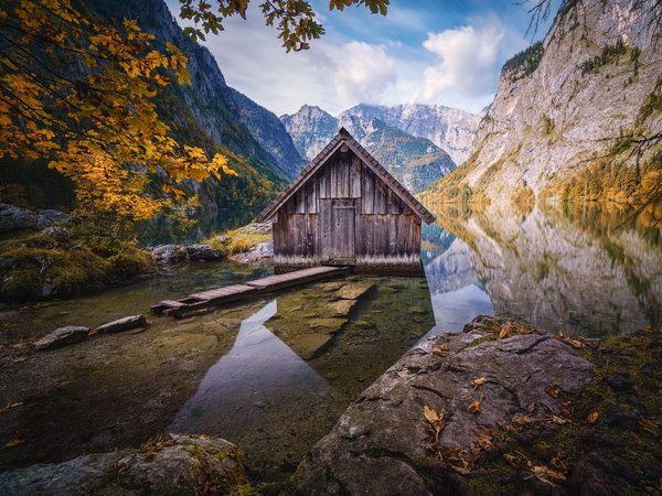 Obersee, Альпы, бавария, германия, горы, домик, Оберзее, озеро, осень, пейзаж, природа