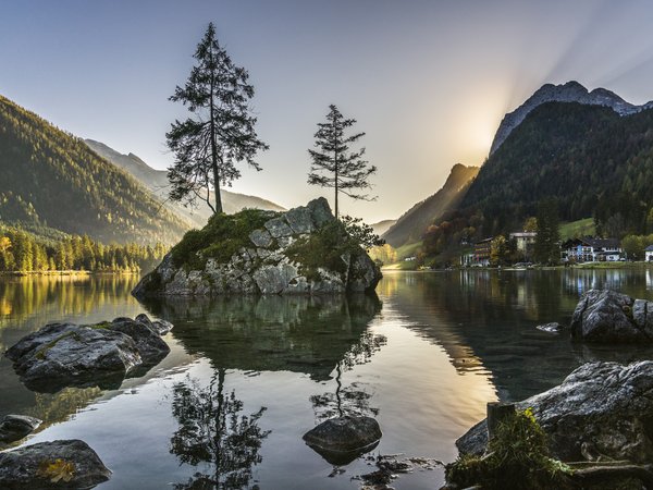 Berchtesgaden, Hintersee, Альпы, бавария, Берхтесгаден, германия, горы, деревья, дома, закат, камни, леса, озеро, пейзаж, природа