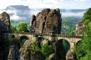 Обои на рабочий стол: bastei bridge, deutschland, hdr, multi monitors, ultra hd, германия, горы эльбе, Мост Бастай, панорма