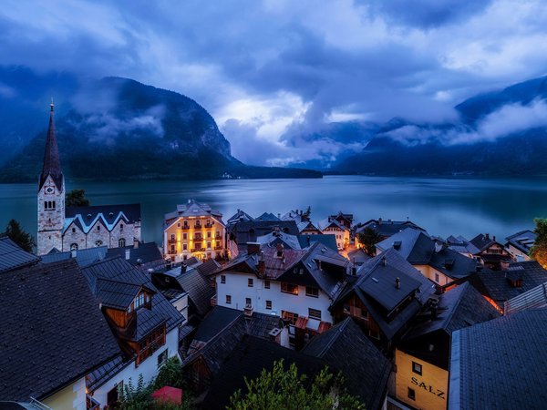 architecture, bell tower, building, church, clock, clouds, evening, germany, houses, lake, landscape, lights, mountains, nature, roofs, rooftops, sky, sunset, twilight, village