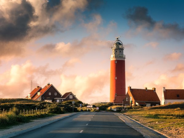 Lighthouse, Texel, голландия, дома, дорога, маяк, нидерланды