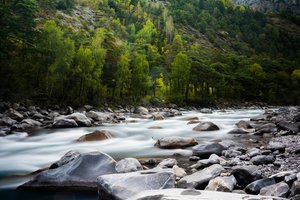 Обои на рабочий стол: forest, landscape, mountain river, mountains, nature, plants, stones, valley, горная река, горы, долина, камни, лес, пейзаж, природа, растения