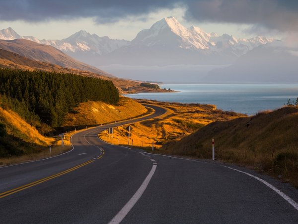 горы, дорога, лес, новая зеландия