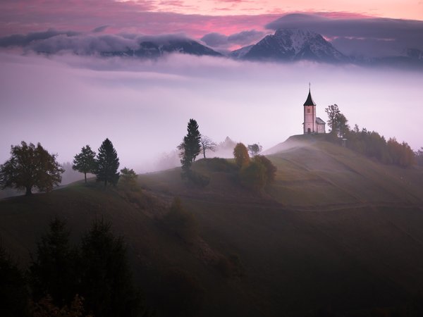 горы, туман, утро, церковь