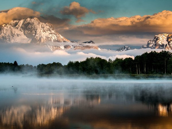 clouds, Grand Teton National Park, lake, landscape, mist, mountains, nature, sky, snow, sunset, trees, usa, Wyoming