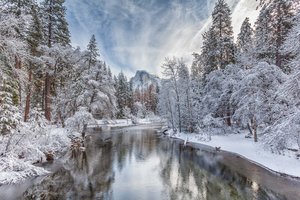Обои на рабочий стол: california, Half Dome, Merced River, Sierra Nevada, Yosemite National Park, Yosemite Valley, гора, деревья, Долина Йосемити, зима, Йосемитский национальный парк, калифорния, лес, река, Река Мерсед, снег, Сьерра-Невада, Хаф-Доум