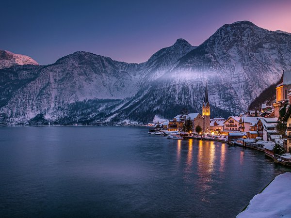 alps, Austria, Hallstatt, Lake Hallstatt, австрия, Альпы, Гальштат, Гальштатское озеро, горы, дома, здания, зима, озеро, Халльштатт