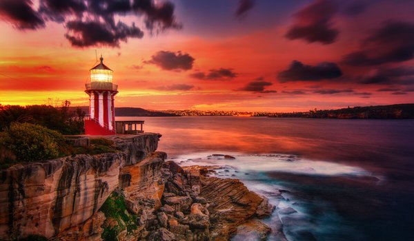 Обои на рабочий стол: australia, Hornby Lighthouse, New South Wales, Watsons Bay, австралия, закат, Залива Ватсонс, маяк, Маяк Хорнби, море, Новый Южный Уэльс, скала