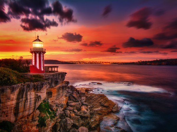 australia, Hornby Lighthouse, New South Wales, Watsons Bay, австралия, закат, Залива Ватсонс, маяк, Маяк Хорнби, море, Новый Южный Уэльс, скала