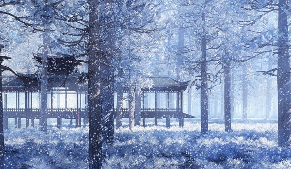 Обои на рабочий стол: беседка, еловый лес, зимняя сказка, парк, снег, снегопад, япония