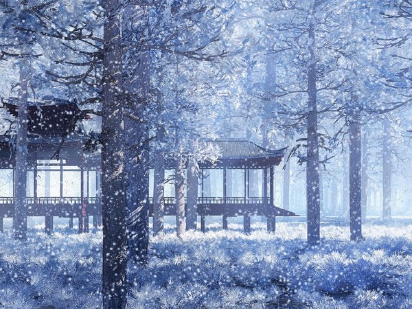 беседка, еловый лес, зимняя сказка, парк, снег, снегопад, япония