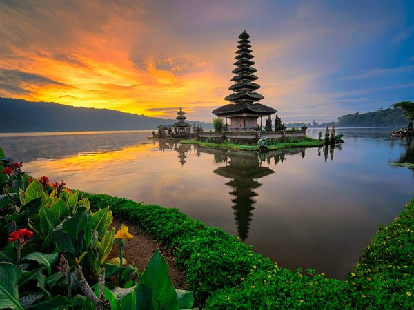 вода, закат, Индонезия, морской пейзаж, природа, Храм Улун Дану
