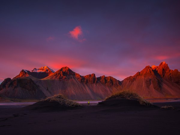 горы, закат, Исланди, небо, пляж, Стокснес, фотограф