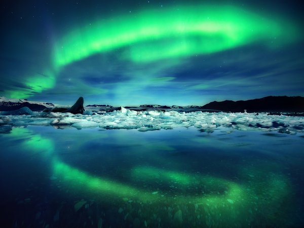 исландия, лед, небо, ночь, отражение, северное сияние, фьорд