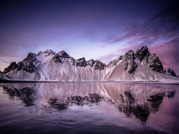 горы, исландия, отражение, пляж, Стокнес