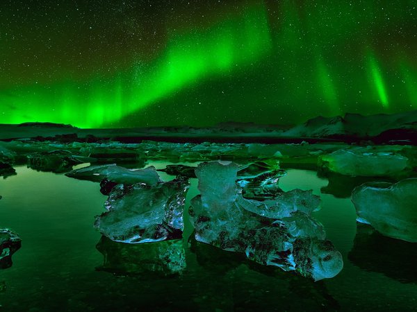 звезды, исландия, лед, ледниковая лагуна Йёкюльсаурлоун, ночь, северное сияние