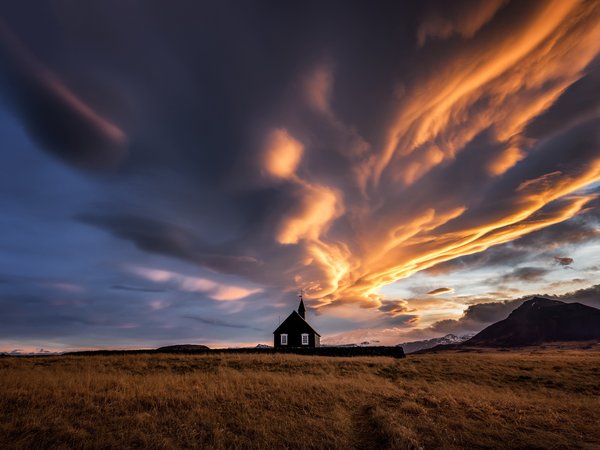 вечер, горы, исландия, небо, облака, храм, церковь