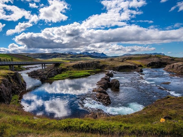 исландия, лето, небо, облака, речка