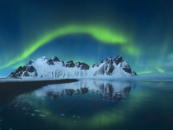 горы, исландия, ночь, северное сияние, Стокнес
