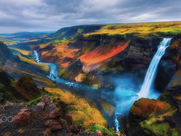 водопад, исландия, небо, склы