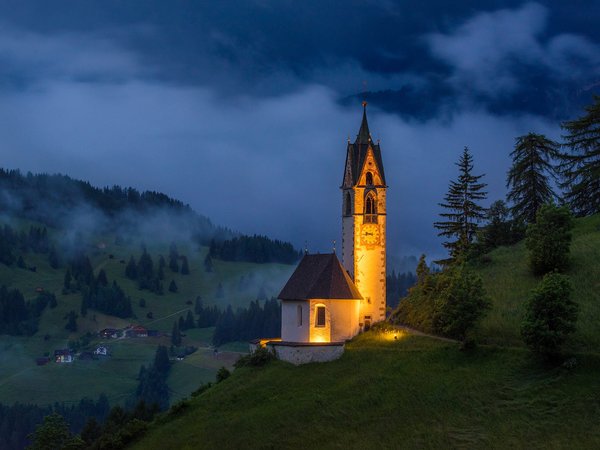St. Barbara Church, горы, деревня, Доломиты, италия, ночь, пейзаж, природа, церковь