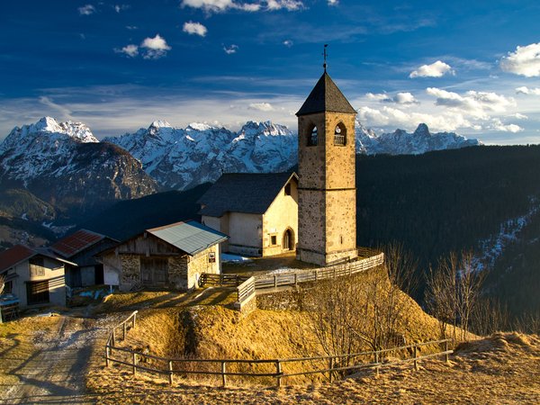 горы, Доломиты, зима, италия, пейзаж, природа, церковь