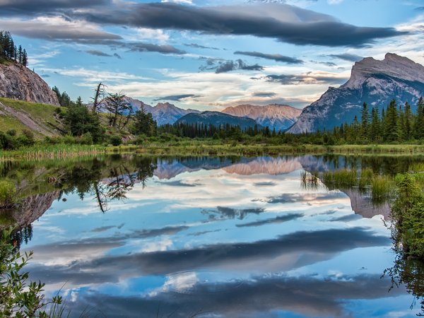 Banff, Альберта, Банф, берега, горы, заповедник, канада, национальный парк, облака, озеро, отражение, пейзаж, природа, растительность