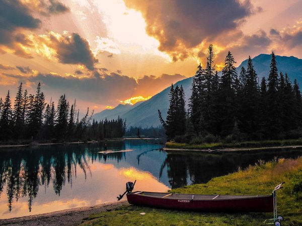Banff, National Park, Альберта, Банф, горы, закат, заповедник, канада, лодка, национальный парк, пейзаж, природа, река
