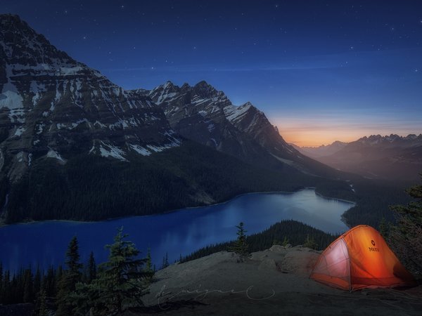 Альберта, вечер, горы, канада, озеро, палатка, скалы