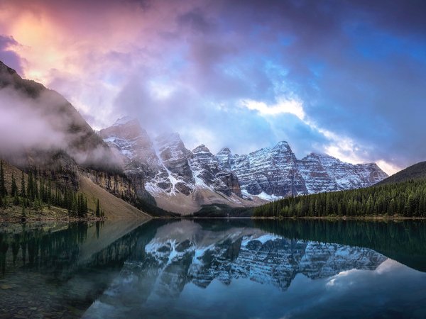горы, канада, лес, небо, облака, озеро, отражения