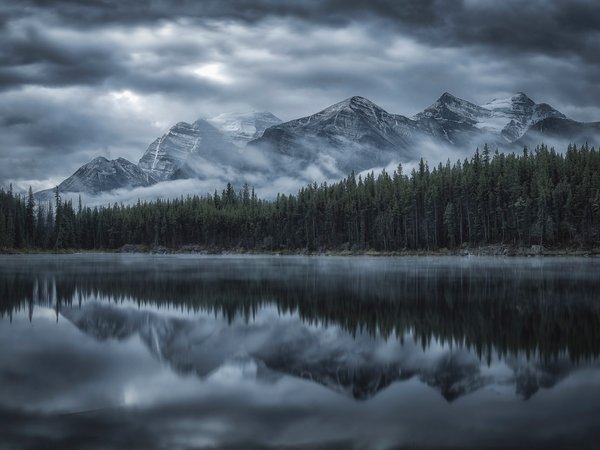 Alberta, Banff National Park, canada, Canadian Rockies, Herbert Lake, Альберта, горы, канада, Канадские Скалистые горы, лес, Национальный парк Банф, озеро, Озеро Херберт, отражение