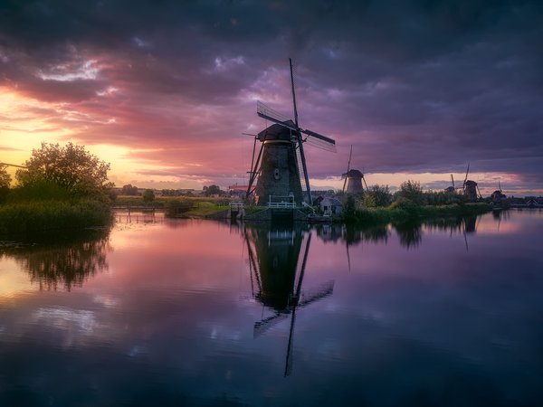 ветряные мельницы, вечер, канал, нидерланды, река