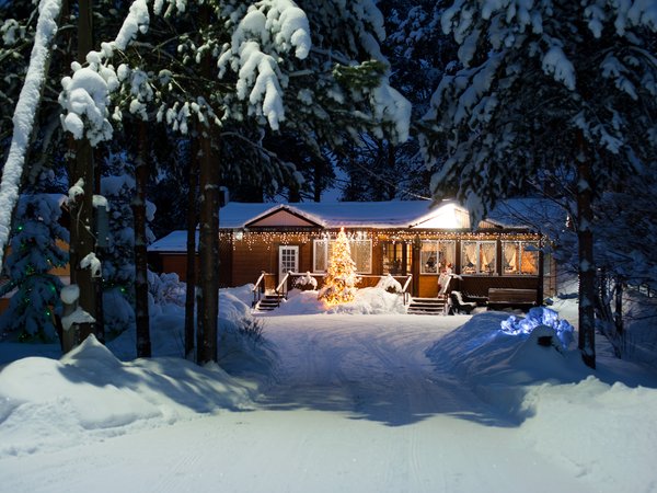 evening, house, Karelia, Snow trees, winter, вечер, домик, зима, Карелия, Снежные деревья