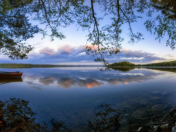 Finland, Karijarvi Lake, Kouvola, деревья, Коувола, лодки, озеро, Озеро Кариярви, отражение, Финляндия