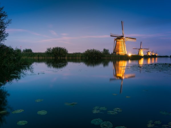 Kinderdijk, голландия, канал, мельницы, нидерланды, подсветка