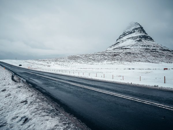 iceland, Kirkjufell, дорога, зима, снег, туман
