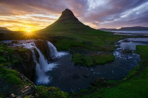 Обои на рабочий стол: Kirkjufellsfoss, водопады, гора Kirkjufell, исландия, солнце