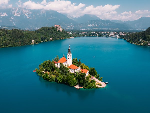 boats, church, green, lake, Lake Bled, Slovenia