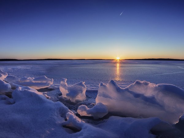 Finland, Lake Karijärvi, закат, зима, лед, озеро, Финляндия