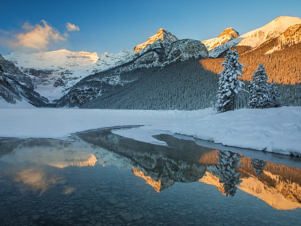 Alberta, Banff National Park, canada, Canadian Rockies, Lake Louise, Альберта, горы, ели, зима, канада, Канадские Скалистые горы, лес, Национальный парк Банф, озеро, озеро Луиз, отражение, снег