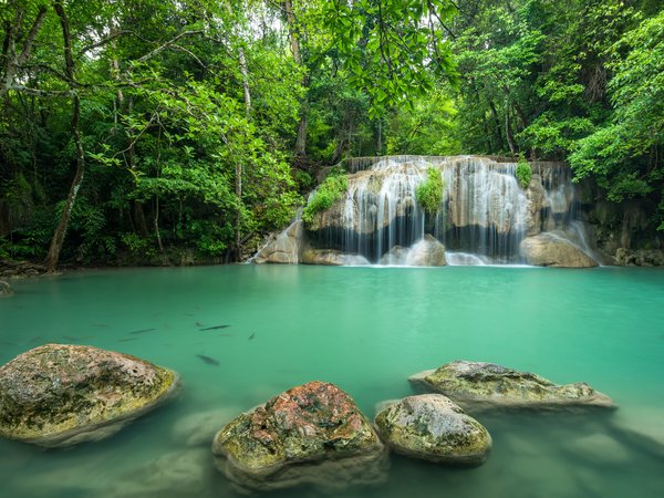beautiful, forest, landscape, river, summer, tropical, waterfall, водопад, лес, пейзаж, река, скалы, тайланд, тропический