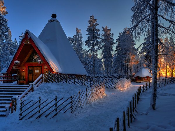 Finland, Lapland, деревья, дом, забор, закат, зима, избушка, Лапландия, лестница, снег, Финляндия