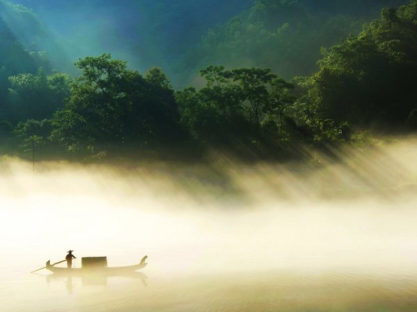 китай, лес, лодка, природа, река, туман