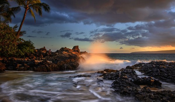 Обои на рабочий стол: hawaii, Makena Cove, Maui, Pacific Ocean, гавайи, закат, Мауи, океан, пальмы, побережье, тихий океан