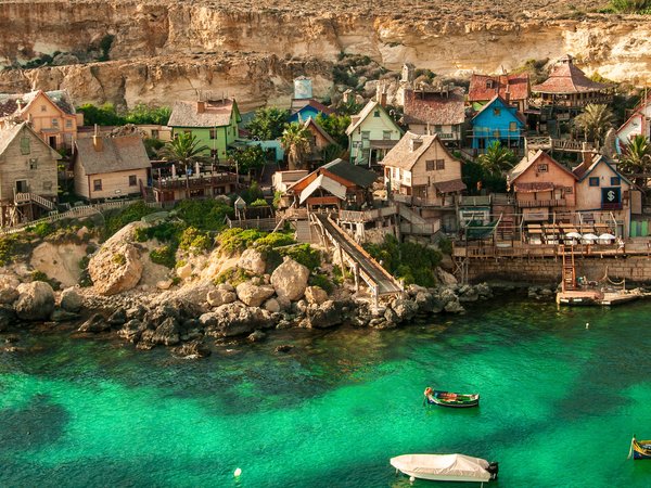 деревня, дома, залив, камни, лодки, Мальта, море, пейзаж, природа, скалы