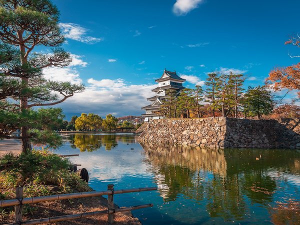 japan, Matsumoto, Matsumoto Castle, вода, деревья, замок, Замок Мацумото, мацумото, ров, сосны, япония