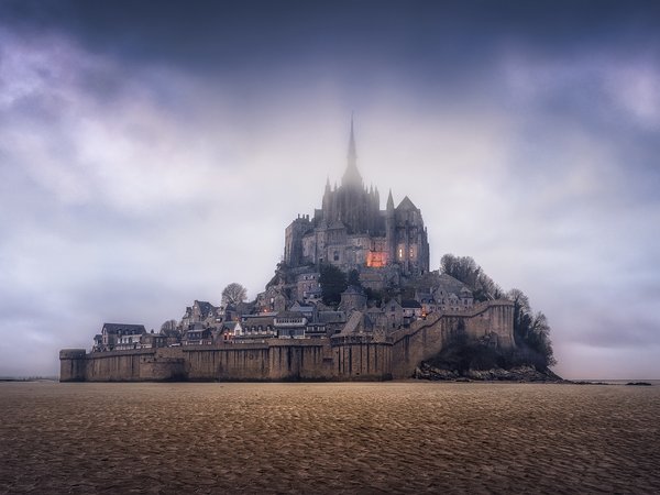 france, Mont Saint-Michel, normandy, крепость, Мон-Сен-Мишель, небо, нормандия, панорама, скала, франция