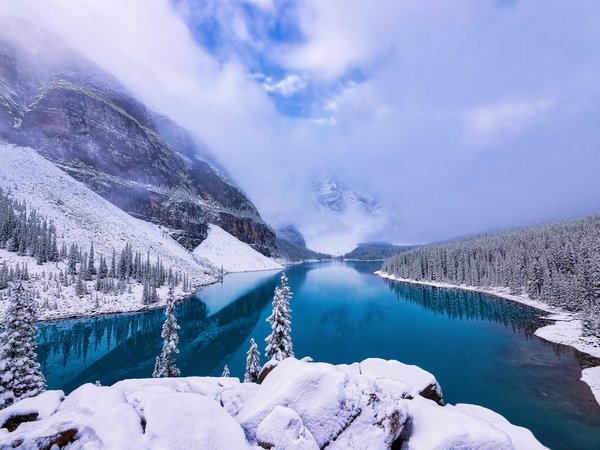 Alberta, Banff National Park, canada, Moraine Lake, Valley of the Ten Peaks, Альберта, горы, долина Десяти пиков, зима, канада, лес, Национальный парк Банф, озеро, Озеро Морейн