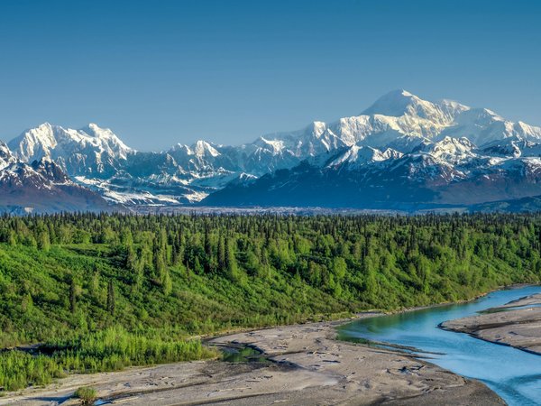 alaska, Alaska Range, Denali National Park, Mount McKinley, аляска, Аляскинский хребет, гора Мак-Кинли, горы, лес, Национальный парк Денали, река